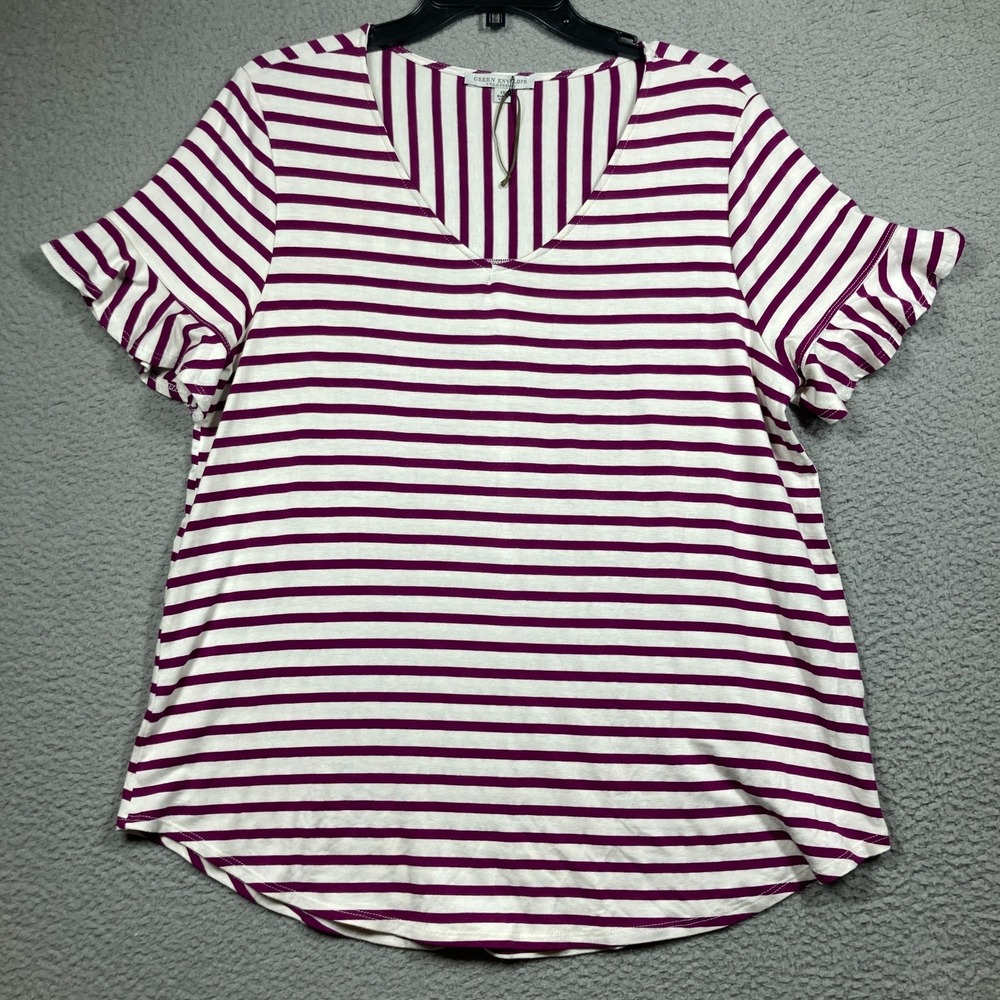 Green Envelope Top‎ Women's Plus 1X Maroon Stripe V Neck Flutter Sleeve USA Made
